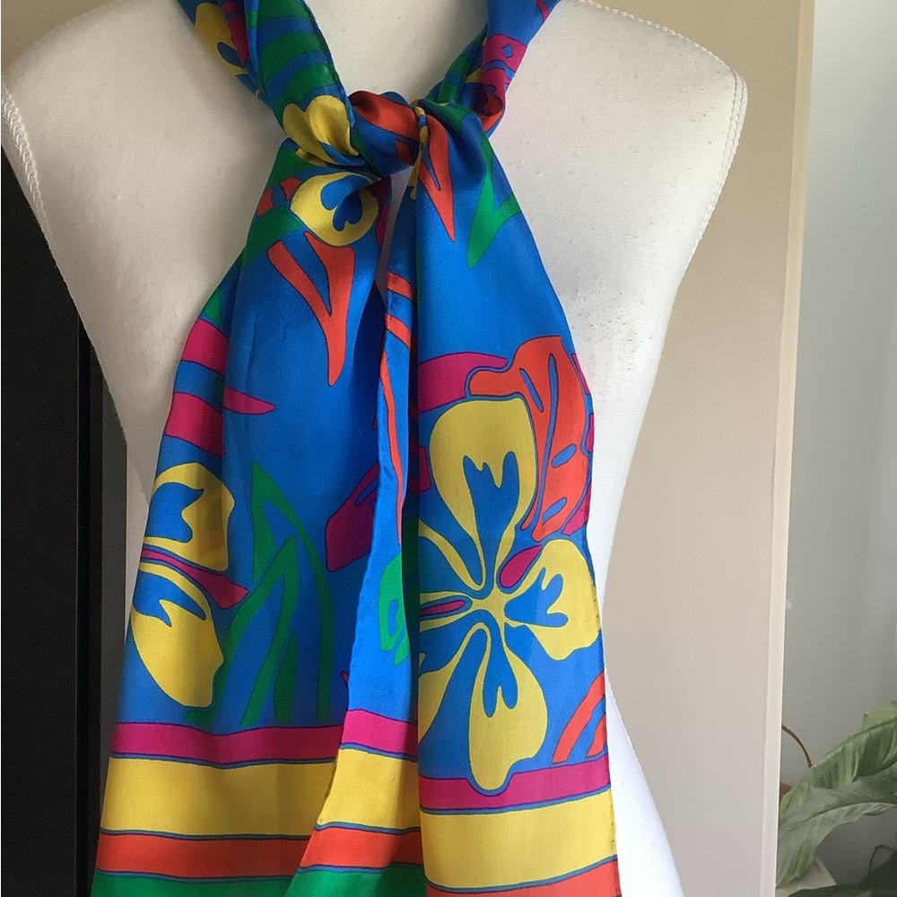 Liz Claiborne Blue Tropical Floral Print Scarf - Picture 2 of 10